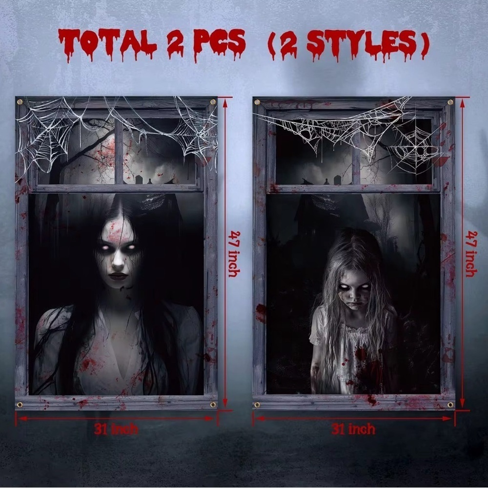 2PCS Scary Ghost Girl Halloween Window Posters Horror Decoration Haunted House